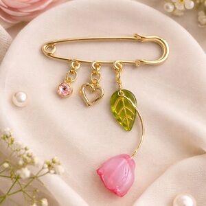 Charming Gold Safety Pin Brooch with Pink and Green Accents